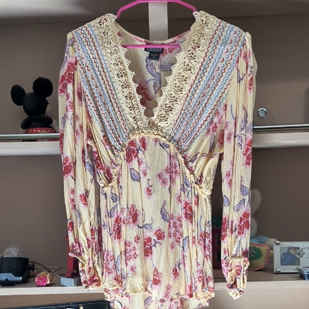 Angie Cream and Pink Long Sleeve Ruffled Blouse